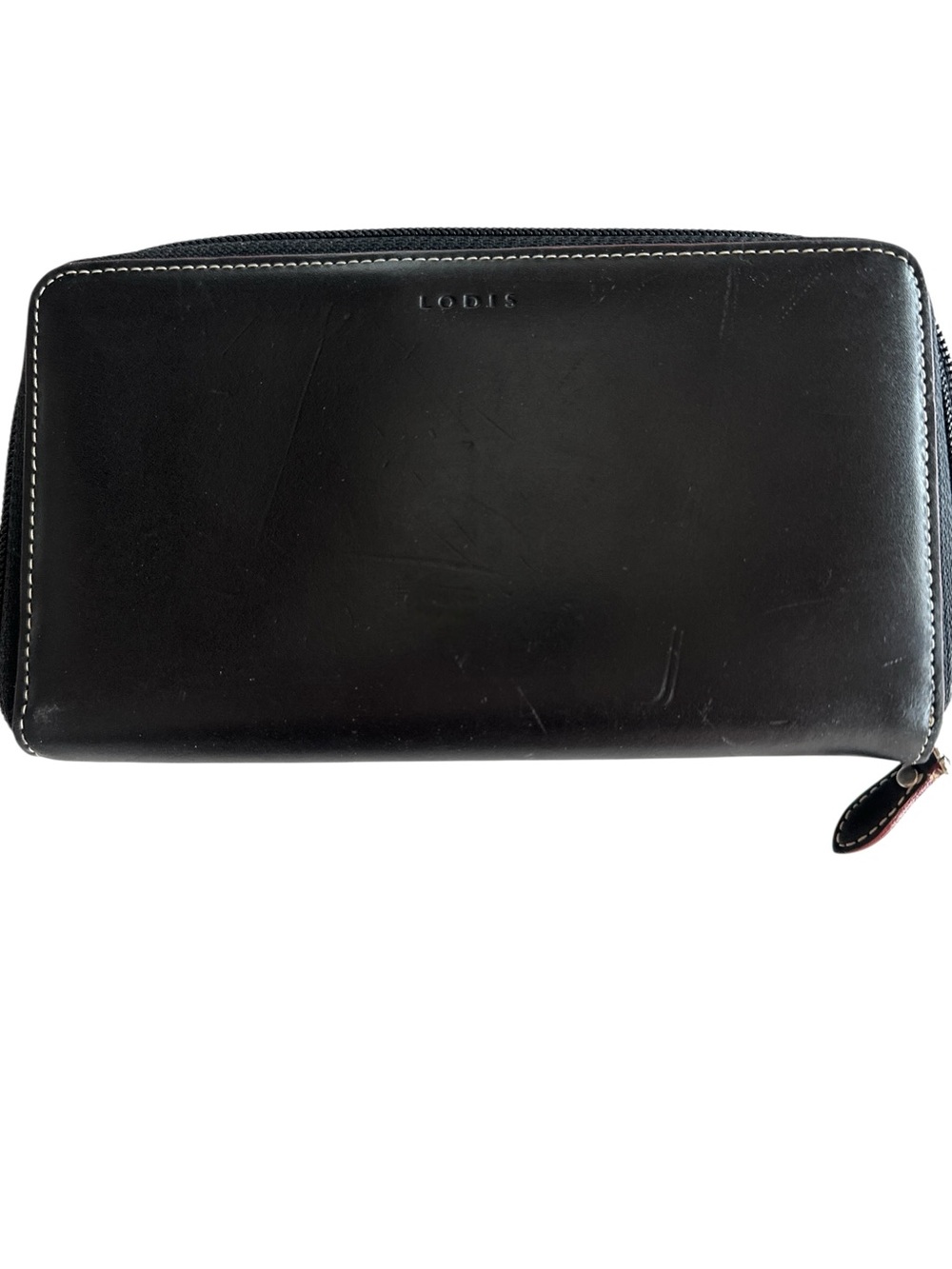 Lodis Vintage Black Leather Zipper Closure Wallet with Bright Red Interior